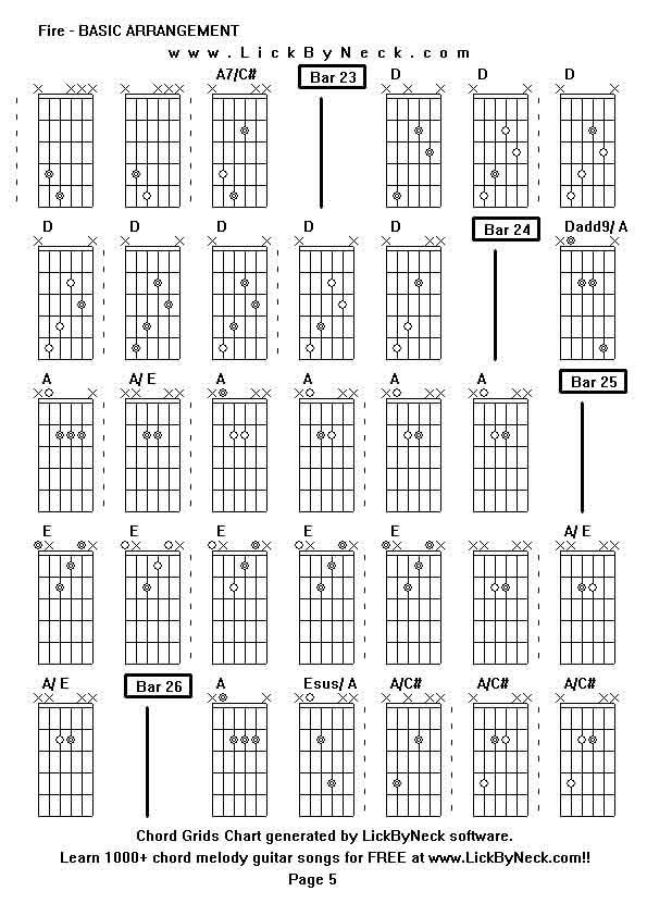 Chord Grids Chart of chord melody fingerstyle guitar song-Fire - BASIC ARRANGEMENT,generated by LickByNeck software.